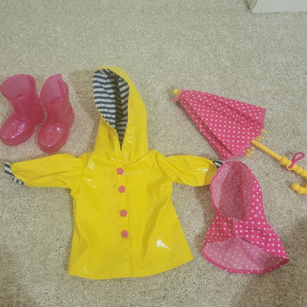 18 inch Doll matching rain coat, umbrella, hair wrap, and boots